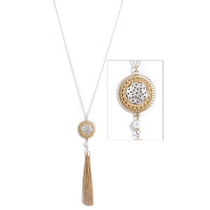 Tassel and Lace-Cut Trinity Knot Pendant Necklace - Silvertone on Goldtone