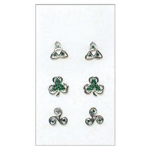 Triple Carded Green Crystal (Rhinestone) Irish Earring Set - Silvertone