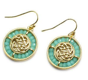 Glass Beaded Celtic Earrings - Goldtone/Turquoise