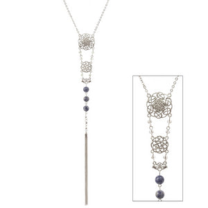 Sodalite Stone Beads and Tassel Celtic Necklace - Silvertone