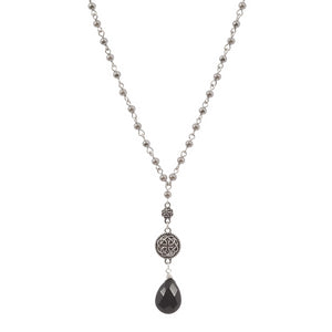 Teardrop Black Onyx Stone Mid-Length Beaded Celtic Necklace - Silvertone